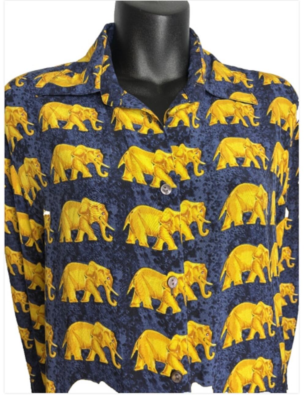 Piano VTG Women's S 100% Silk Navy/Yellow Button-Down Blouse Elephants